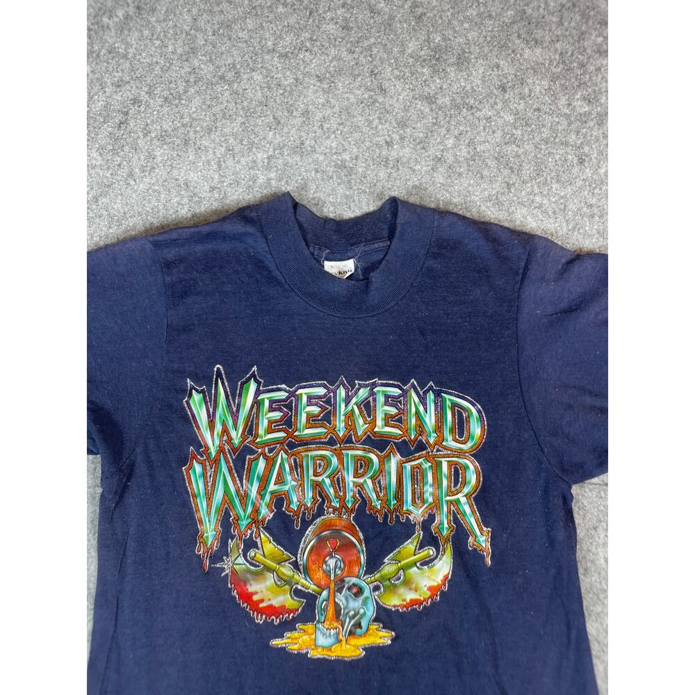Vintage 90s Weekend Warrior T Shirt Mens Small Navy Blue USA Graphic Streetwear